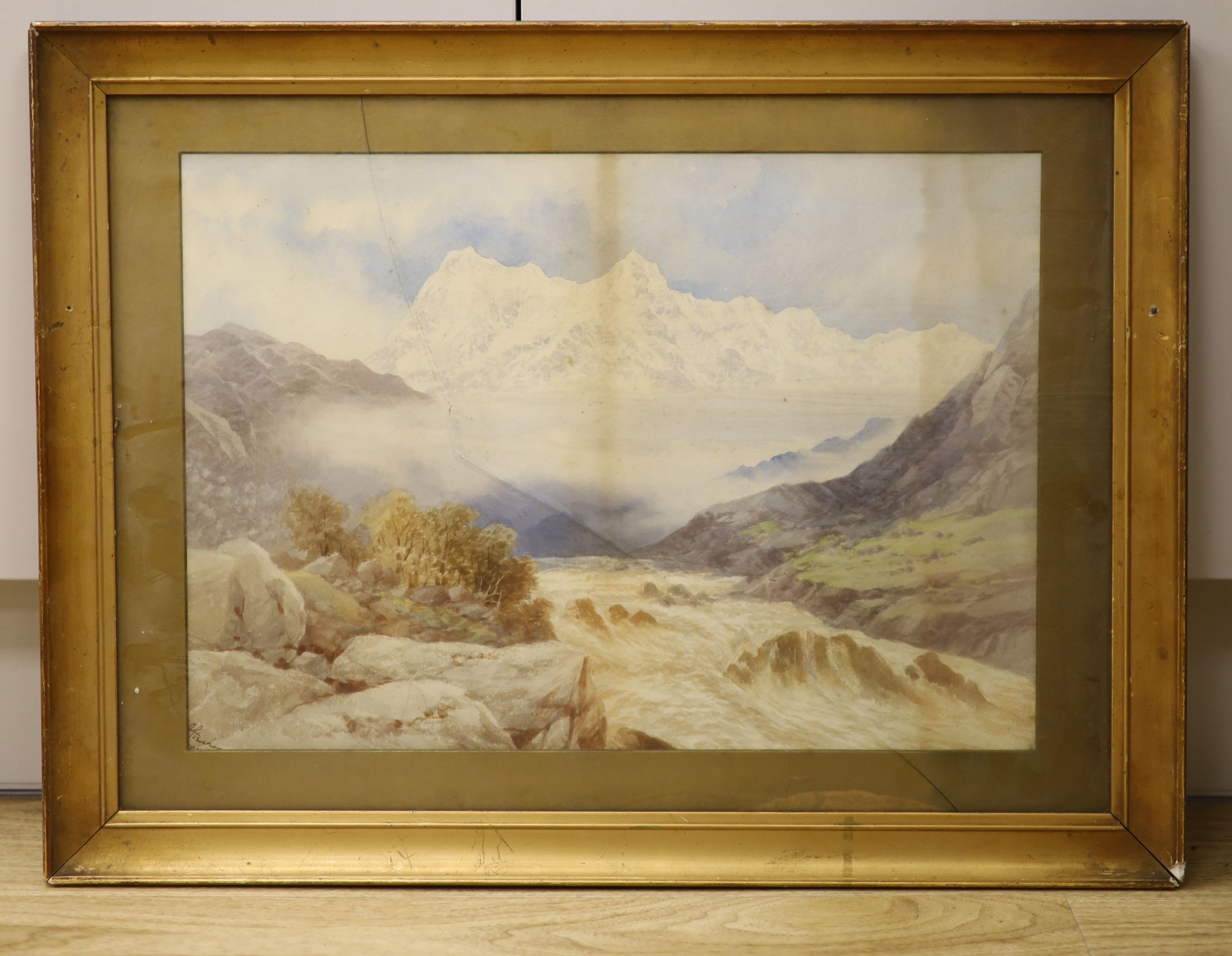 A.Strahan, watercolour, ‘Kashmir, 200 feet of unsullied snow, Nanga Parbat, 26650 from Raphael Nallah near Astore’, signed, label verso, 32 x 46cm.